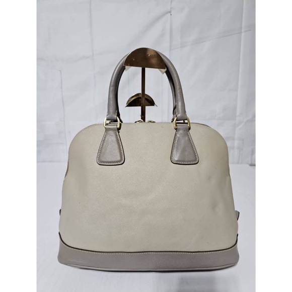 Pre owned Prada Pomenade Saffiano mediumTwo Tone Leather Dome Satchel Taupe - Picture 3 of 16